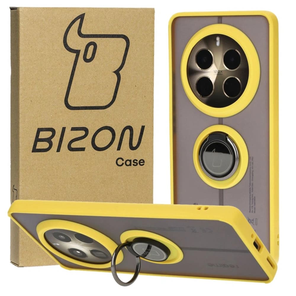 Pouzdro s úchytem na prst Bizon Case Hybrid Ring pro Realme 12 Pro / 12 Pro+ kouřové s žlutým rámečkem - 1
