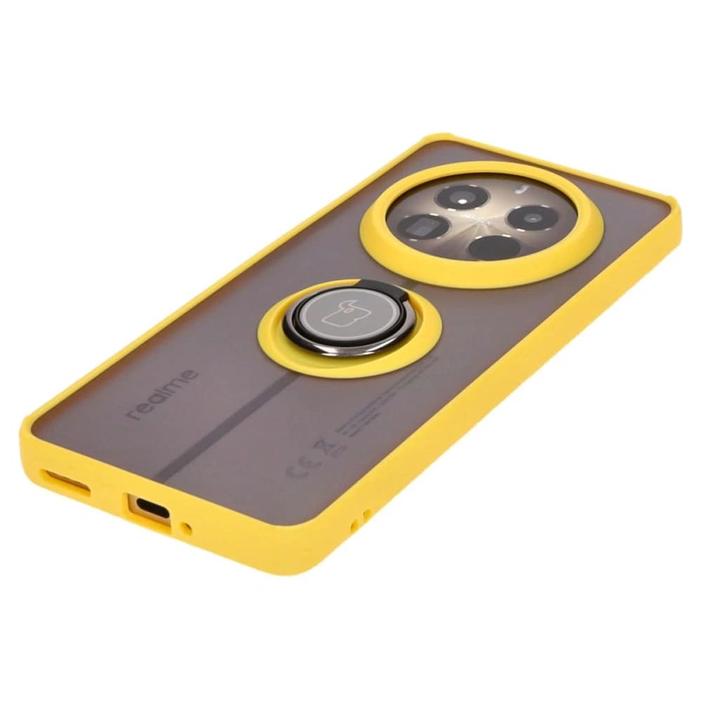 Pouzdro s úchytem na prst Bizon Case Hybrid Ring pro Realme 12 Pro / 12 Pro+ kouřové s žlutým rámečkem - 3
