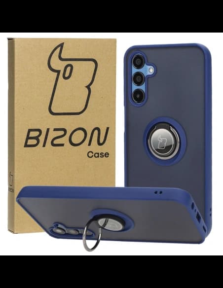 Etui s úchopem na prst Bizon Case Hybrid Ring pro Samsung Galaxy M15 5G kouřové s modrým rámečkem