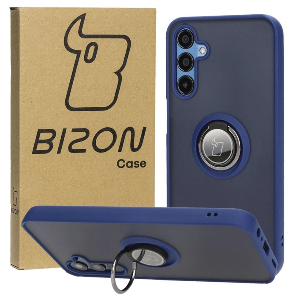 Etui s úchopem na prst Bizon Case Hybrid Ring pro Samsung Galaxy M15 5G kouřové s modrým rámečkem
