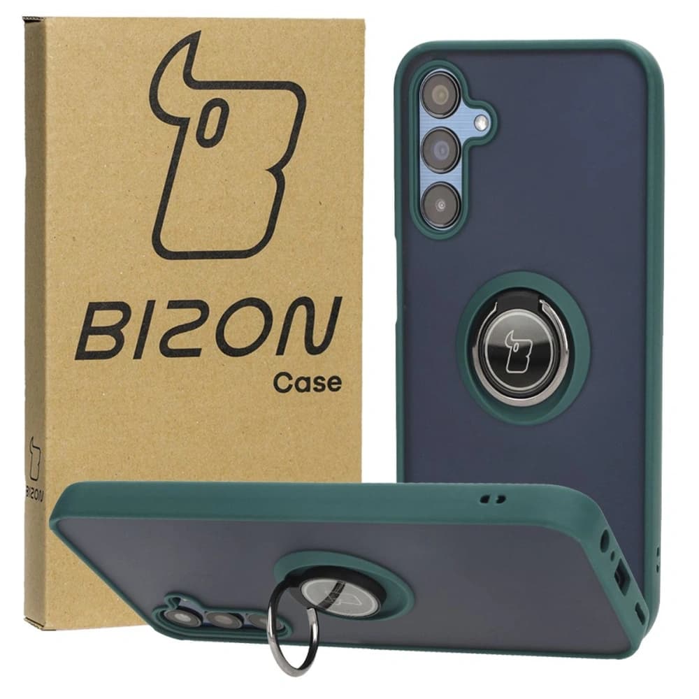 Etui z uchwytem na palec Bizon Case Hybrid Ring do Samsung Galaxy M15 5G kouřové s tmavě zeleným rámem