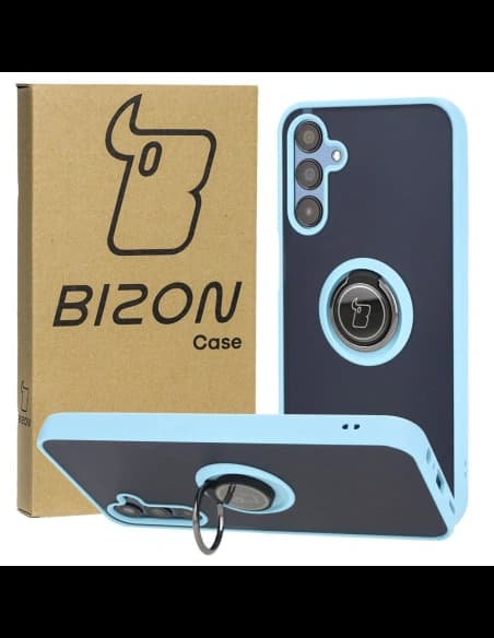 Etui s úchytem na prst Bizon Case Hybrid Ring do Samsung Galaxy M15 5G kouřové s jasně modrým rámečkem
