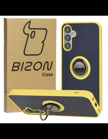 Etui s úchytem na prst Bizon Case Hybrid Ring pro Samsung Galaxy M15 5G kouřové s žlutým rámečkem