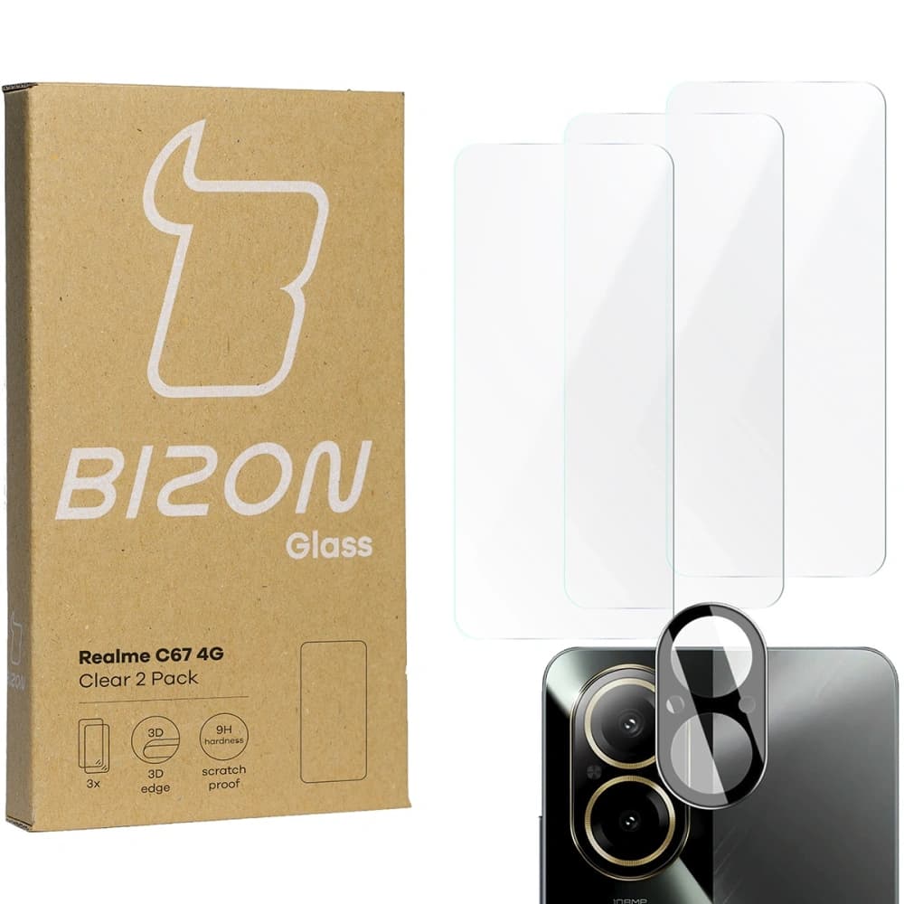BIZON Clear 3x Bildschirmglas + Kameraglas für Realme C67 4G - 1