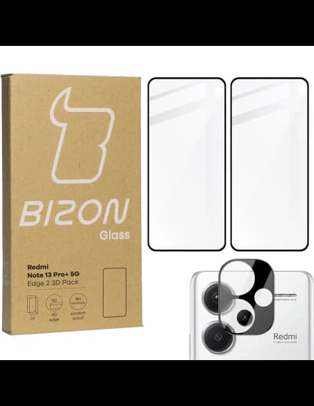 Bizon Glass Edge 2 3D Pack gehärtetes Glas - [2 PACK] + Linsenschutz Xiaomi Redmi Note 13 Pro+ 5G schwarz