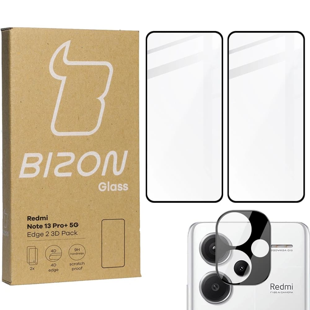 Bizon Glass Edge 2 3D Pack gehärtetes Glas - [2 PACK] + Linsenschutz Xiaomi Redmi Note 13 Pro+ 5G schwarz - 1