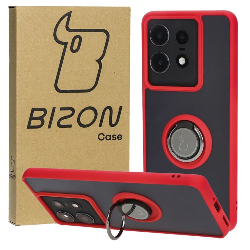 Bizon Case Hybrid Gyűrű Motorola Edge 50 Pro füstös színben, piros kerettel