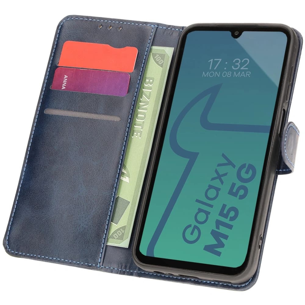 Etui s klopou Bizon Case Pocket pro Samsung Galaxy M15 5G modré