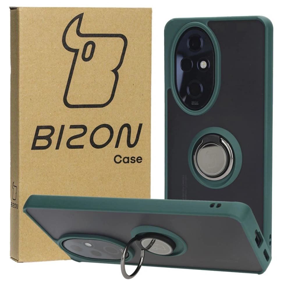 Pouzdro s držákem na prst Bizon Case Hybrid Ring pro Honor 200 Pro kouřové s tmavě zeleným rámem. - 1