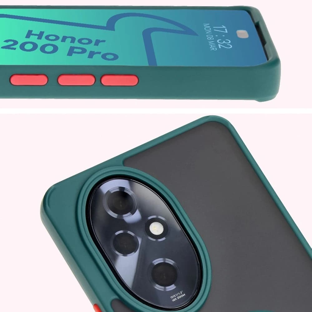 Pouzdro s držákem na prst Bizon Case Hybrid Ring pro Honor 200 Pro kouřové s tmavě zeleným rámem. - 7