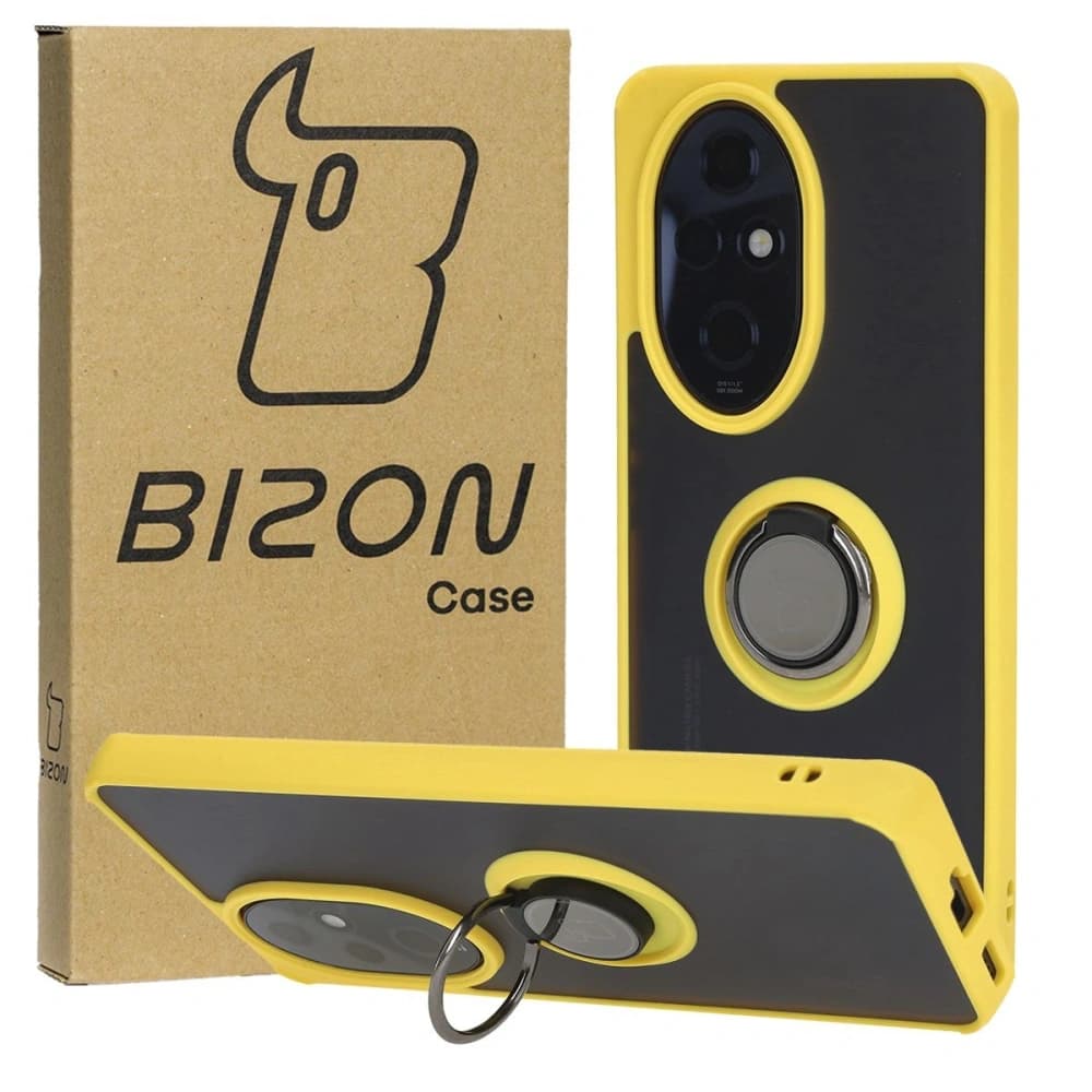 Pouzdro s úchopem na prst Bizon Case Hybrid Ring pro Honor 200 Pro kouřové s žlutým rámem - 1