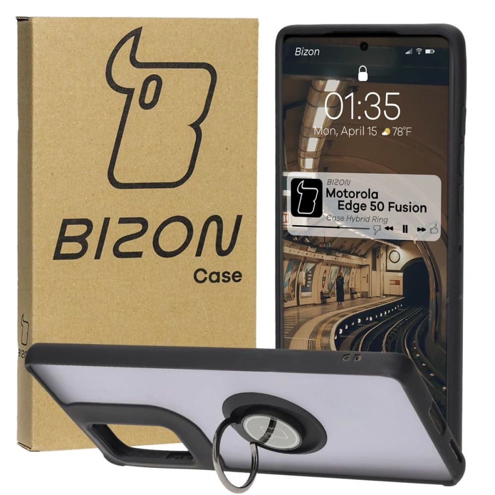 Pouzdro s úchytem na prst Bizon Case Hybrid Ring pro Motorola Edge 50 Fusion kouřové s černým rámem - 1
