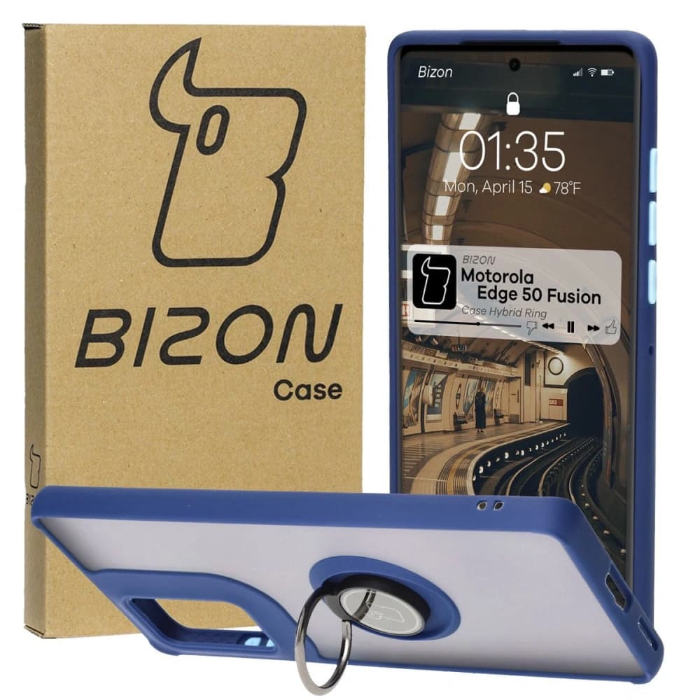 Etui s úchytem na prst Bizon Case Hybrid Ring pro Motorola Edge 50 Fusion kouřové s modrým rámem - 1