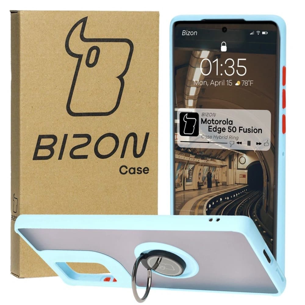 Etui s držákem na prst Bizon Case Hybrid Ring pro Motorola Edge 50 Fusion kouřové s jasně modrým rámem - 1
