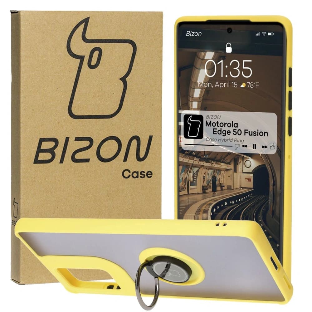 Bizon Case Hybrid Ring Motorola Edge 50 Fusion smoky with a yellow frame
