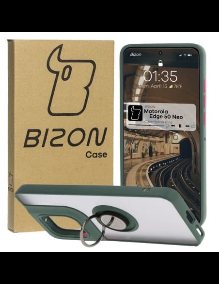 Caz hibrid Bizon Ring Motorola Edge 50 Neo fumuriu cu un cadru verde închis