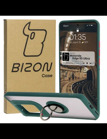 Bizon Case Hybrid Ring Motorola Edge 50 Ultra rauchig mit einem dunkelgrünen Rahmen