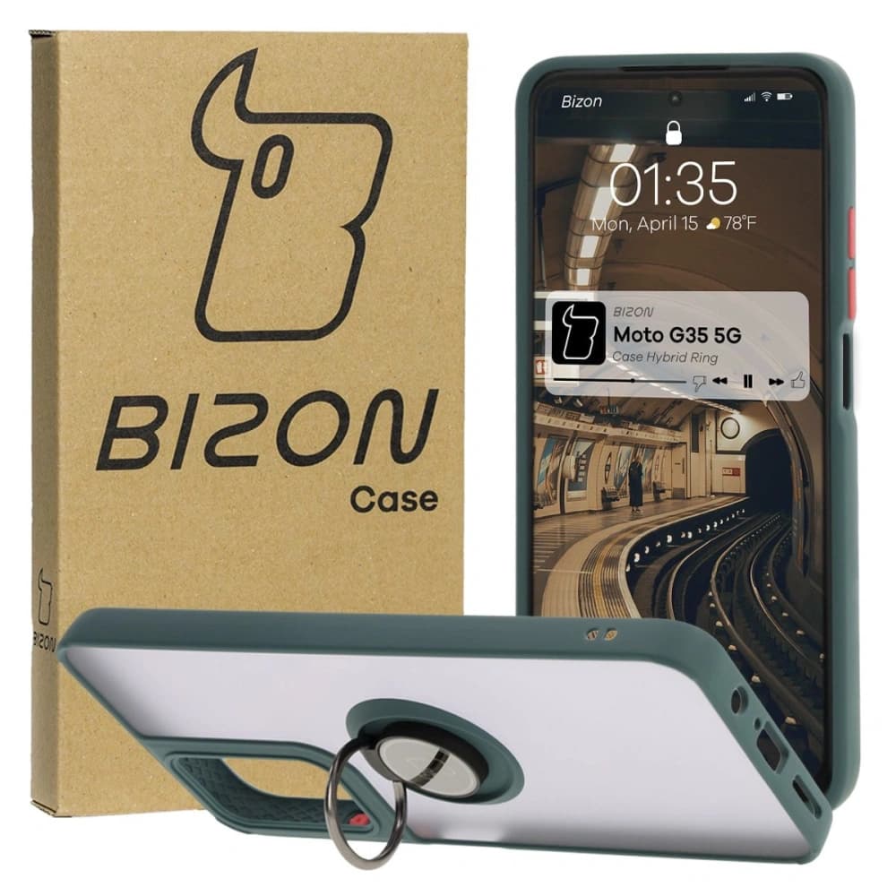 Bizon Case Hybrid Ring Motorola Moto G35 5G rauchig mit einem dunkelgrünen Rahmen