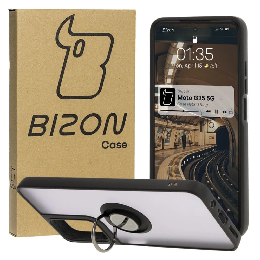 Bizon Case Hybrid Ring Motorola Moto G35 5G fumuriu cu un cadru negru