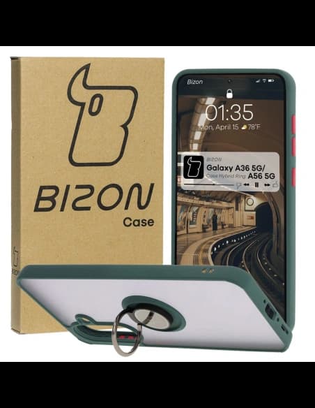 Etui z uchwytem na palec Bizon Case Hybrid Ring do Samsung Galaxy A36 5G / A56 5G przydymione z ciemnozieloną ramką