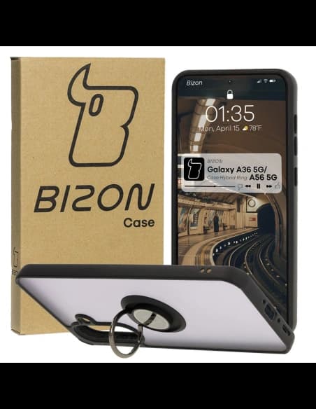 Etui z uchwytem na palec Bizon Case Hybrid Ring do Samsung Galaxy A36 5G / A56 5G przydymione z czarną ramką