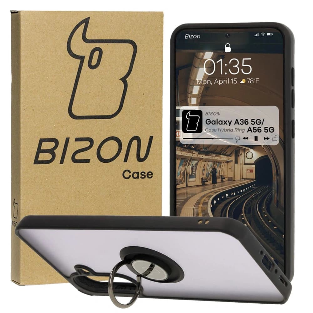 Etui s držákem na prst Bizon Case Hybrid Ring do Samsung Galaxy A36 5G / A56 5G kouřové s černým rámečkem - 1