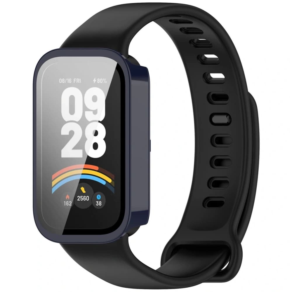 Etui se sklem na hodinky Bizon Case+Glass Watch pro Xiaomi Smart Band 9 Active / Redmi Smart Band 3 modré