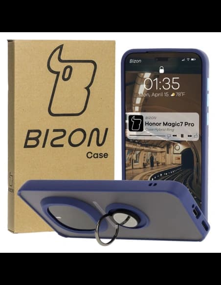 Bizon Case Hybrid Ring Honor Magic7 Pro tentat cu un cadru de culoare albastru marin