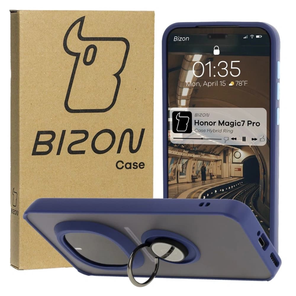 Bizon Case Hybrid Ring Honor Magic7 Pro tentat cu un cadru de culoare albastru marin - 1