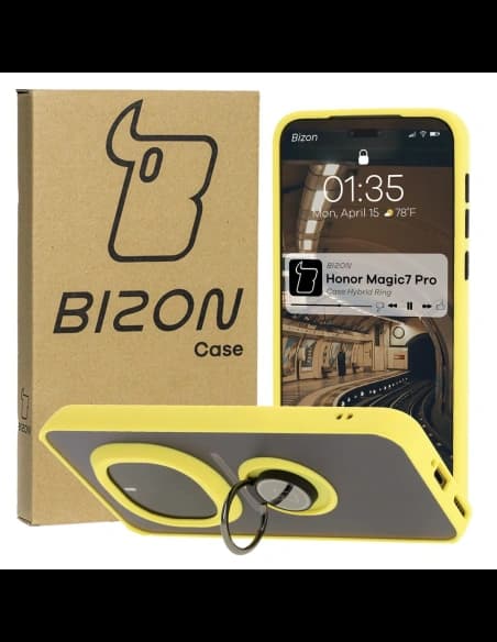 Bizon Case Hybrid Ring Honor Magic7 Pro nuanțat cu un cadru galben.