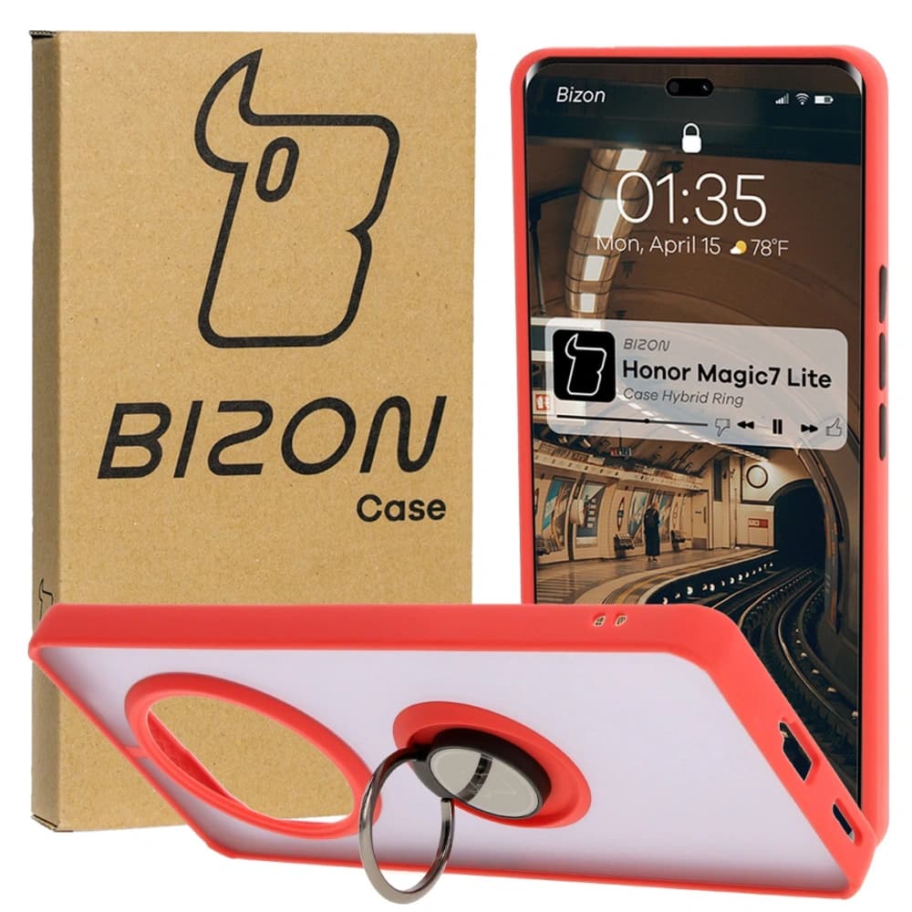 Etui s úchytem na prst Bizon Case Hybrid Ring pro Honor Magic7 Lite kouřové s červeným rámem.
