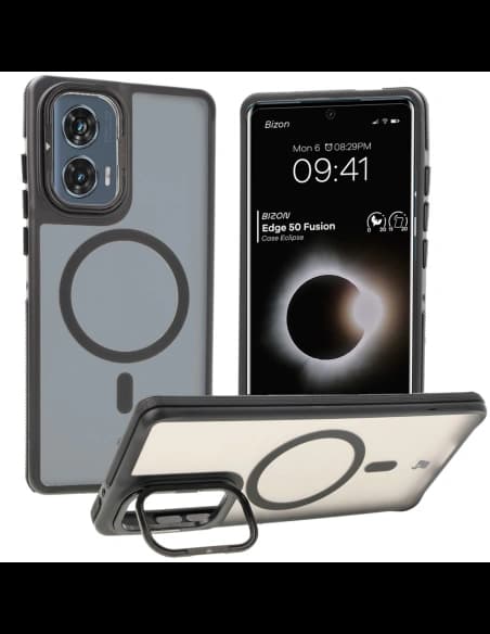 Bizon Case Eclipse Stand & Magnetic Motorola Edge 50 Fusion rauchig mit einem schwarzen Rahmen