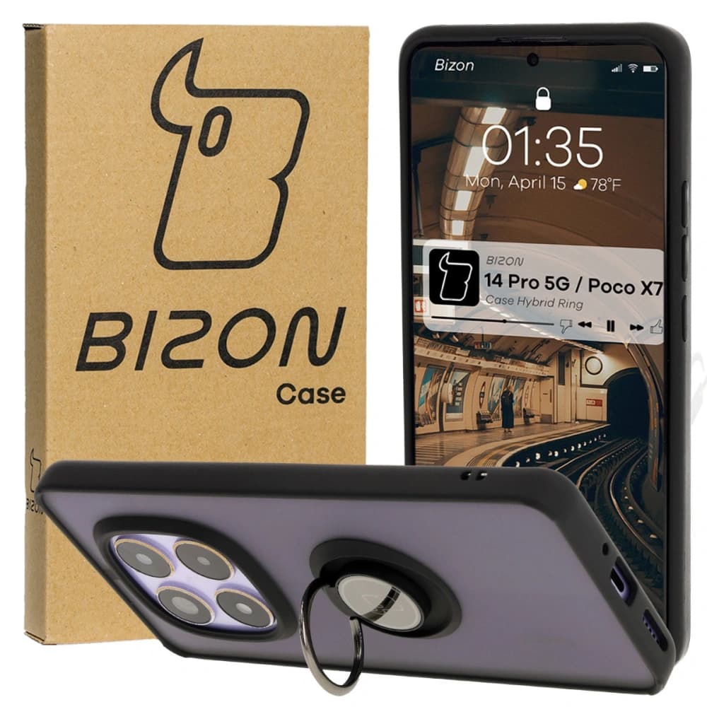 Etui s úchytem na prst Bizon Case Hybrid Ring pro Xiaomi Redmi Note 14 Pro 5G / Poco X7 kouřové s černým rámečkem