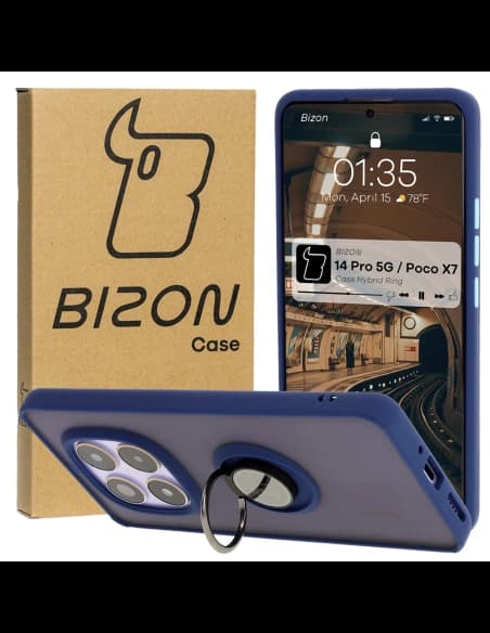 Etui s úchopem na prst Bizon Case Hybrid Ring do Xiaomi Redmi Note 14 Pro 5G / Poco X7 kouřové s modrým rámečkem
