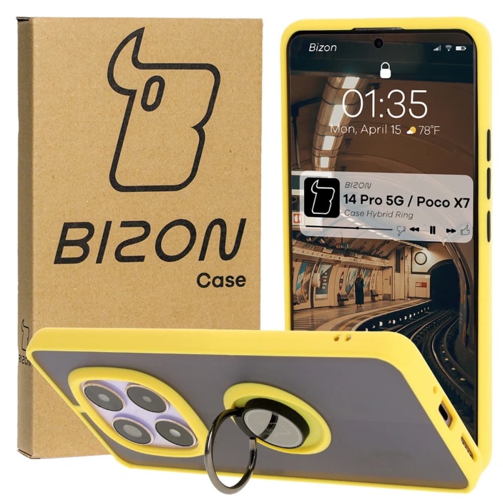 Etui s úchytem na prst Bizon Case Hybrid Ring do Xiaomi Redmi Note 14 Pro 5G / Poco X7 kouřové se žlutým rámem