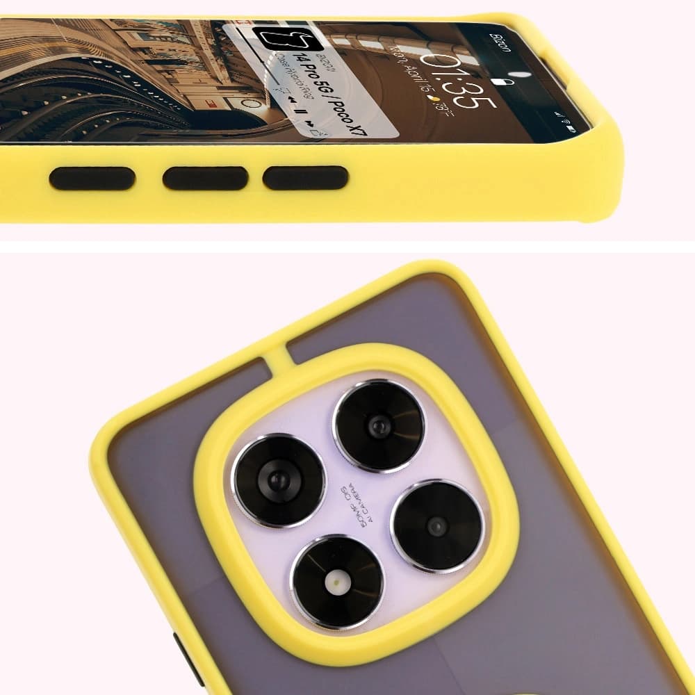 Etui s úchytem na prst Bizon Case Hybrid Ring do Xiaomi Redmi Note 14 Pro 5G / Poco X7 kouřové se žlutým rámem - 3