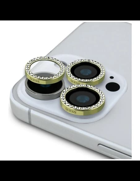 Guess Ochranný kryt na čočky se skleněnými kamínky Apple iPhone 16 Pro / 16 Pro Max zlato
