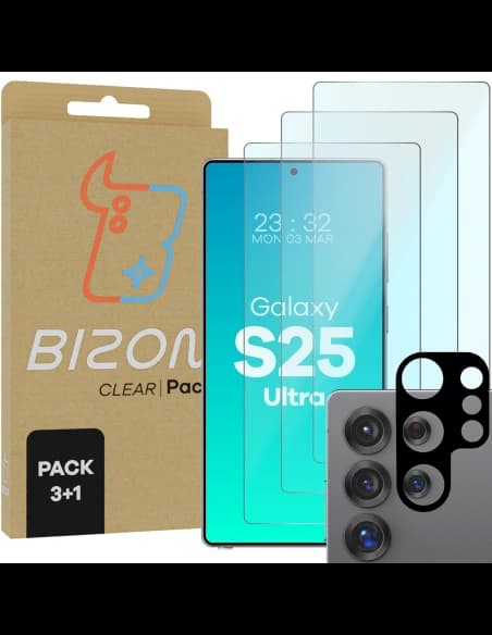 Bizon Clear 2 Pack 3x gehärtetes Glas + 1x Linsenschutz Samsung Galaxy S25 Ultra