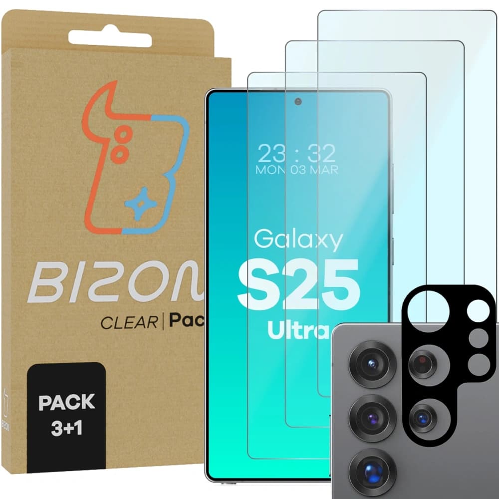 Bizon Clear 2 Pack 3x gehärtetes Glas + 1x Linsenschutz Samsung Galaxy S25 Ultra