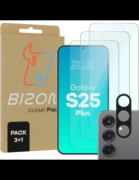 Bizon Clear 2 Pachete 3x sticlă temperată + 1x protecție lentilă Samsung Galaxy S25+ Plus