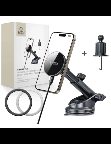 Auto-Halterung für das Armaturenbrett / für den Lüftungsschlitz mit kabellosem Ladegerät Tech-Protect MM15W-V10 Magnetic MagSafe Armaturenbrett- und Lüftungshalter kabelloses Ladegerät 15W Schwarz