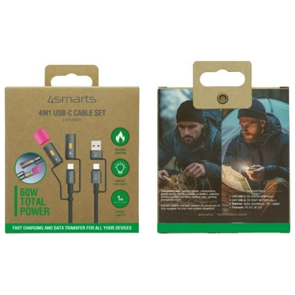 4smarts Explorer 4in1 USB-C / USB-A, USB-C Feuerzeug, Taschenlampe 60W 1m schwarz - 5