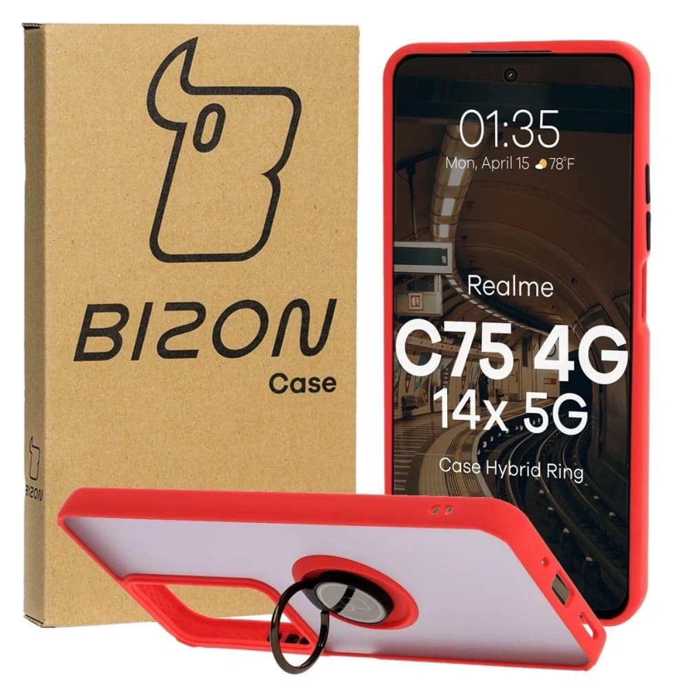 Etui z uchwytem na palec Bizon Case Hybrid Ring do Realme C75 4G / 14x 5G, przydymione z czerwoną ramką - 1