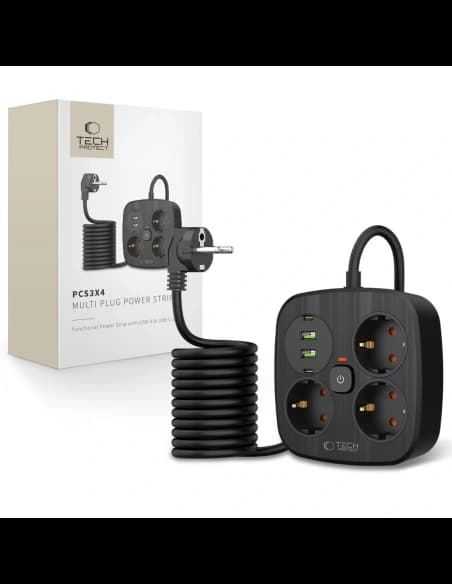 Listwa zasilająca Tech-Protect PCS3X4 Power Strip 2xUSB-A, 2xUSB-C, 3xSocket AC 200cm Black