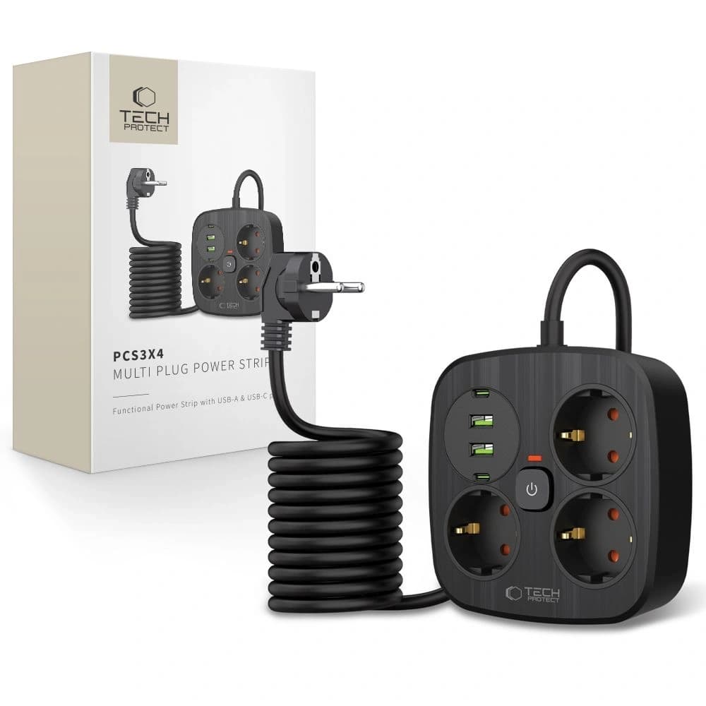 Tech-Protect PCS3X4 Steckdosenleiste 2xUSB-A, 2xUSB-C, 3xAC-Steckdosen 200cm Schwarz - 1
