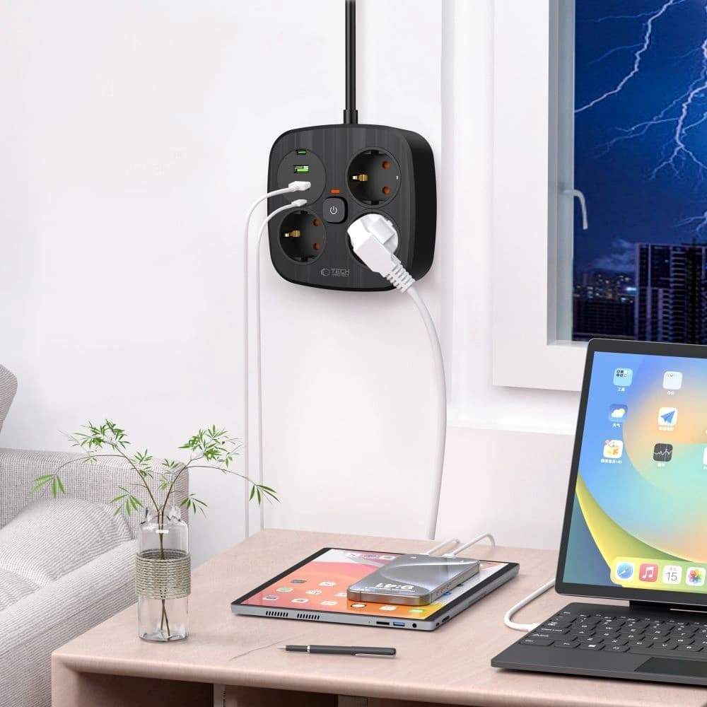 Tech-Protect PCS3X4 Steckdosenleiste 2xUSB-A, 2xUSB-C, 3xAC-Steckdosen 200cm Schwarz - 5