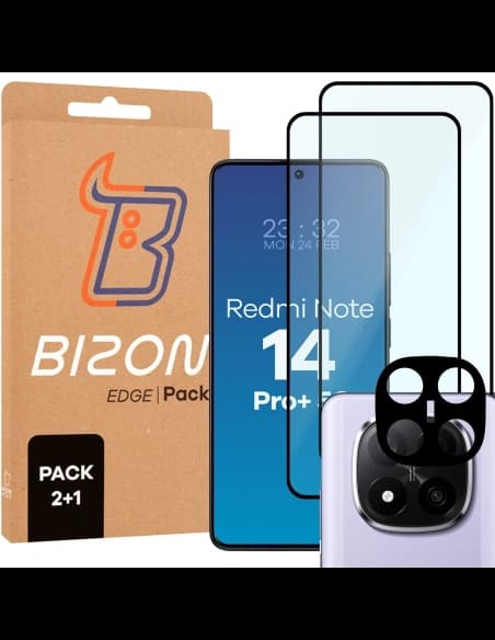 Bizon Edge 2 3D Pack 2x gehärtetes Glas + 1x Linsenschutz für Xiaomi Redmi Note 14 Pro Plus 5G