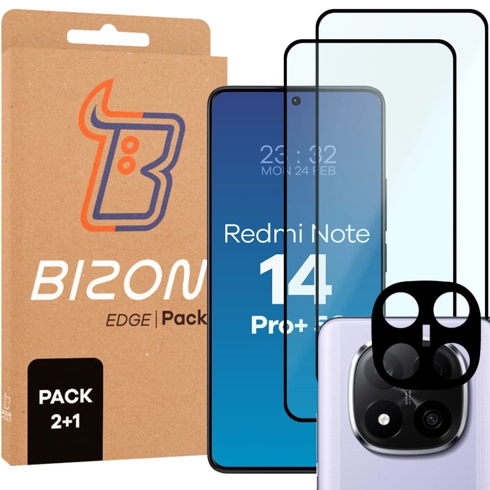 Bizon Edge 2 3D Pack 2x gehärtetes Glas + 1x Linsenschutz für Xiaomi Redmi Note 14 Pro Plus 5G