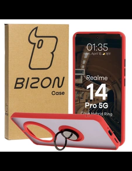 Caz Bizon Hybrid Ring Realme 14 Pro 5G fumuriu cu un cadru roșu