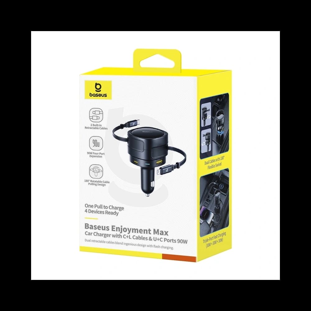Baseus Enjoyment Max Autós Töltő USB-A, USB-C USB-C és Lightning Kábelekkel 90W Fekete - 4